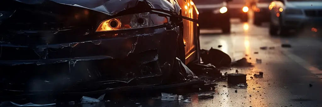 Crashed accident car on fire on highway road.