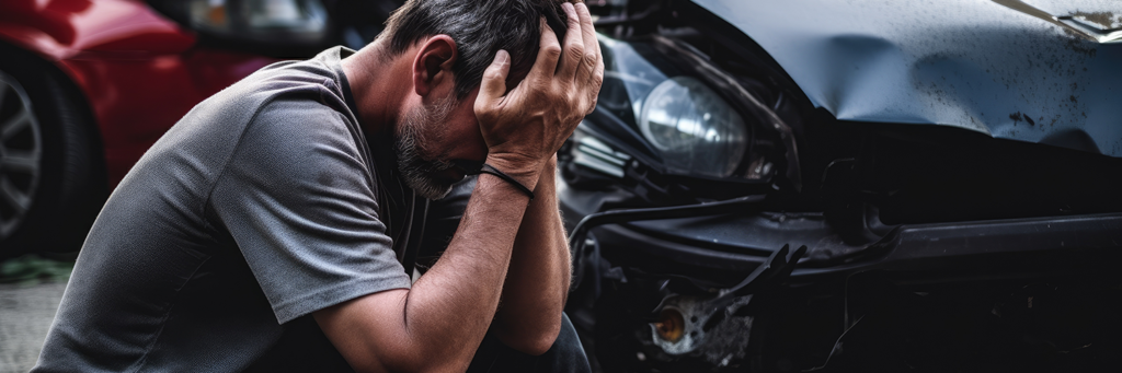 A remorseful man sits in front of a wrecked car, holding his head in pain after a car crash.